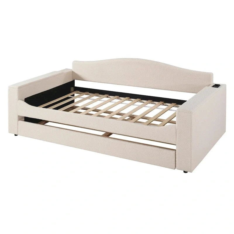 Twin Size Teddy Fleece Daybed with Storage Armrests and Trundle