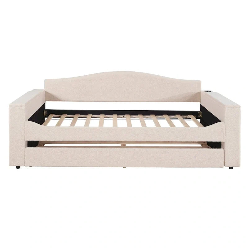 Twin Size Teddy Fleece Daybed with Storage Armrests and Trundle