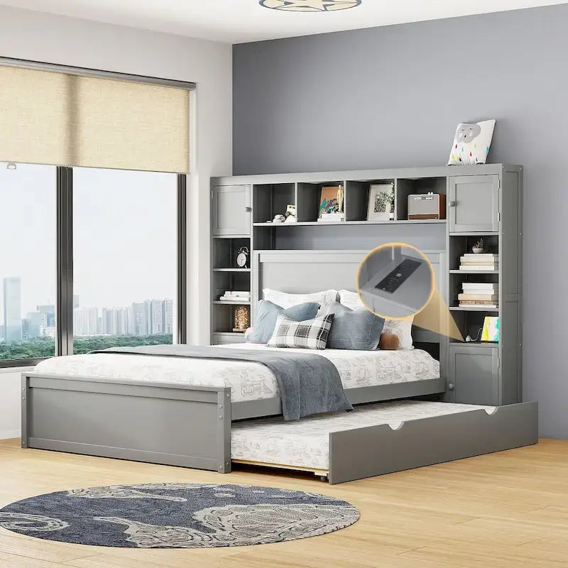 Queen Size Wooden Bed With All-in-One Cabinet