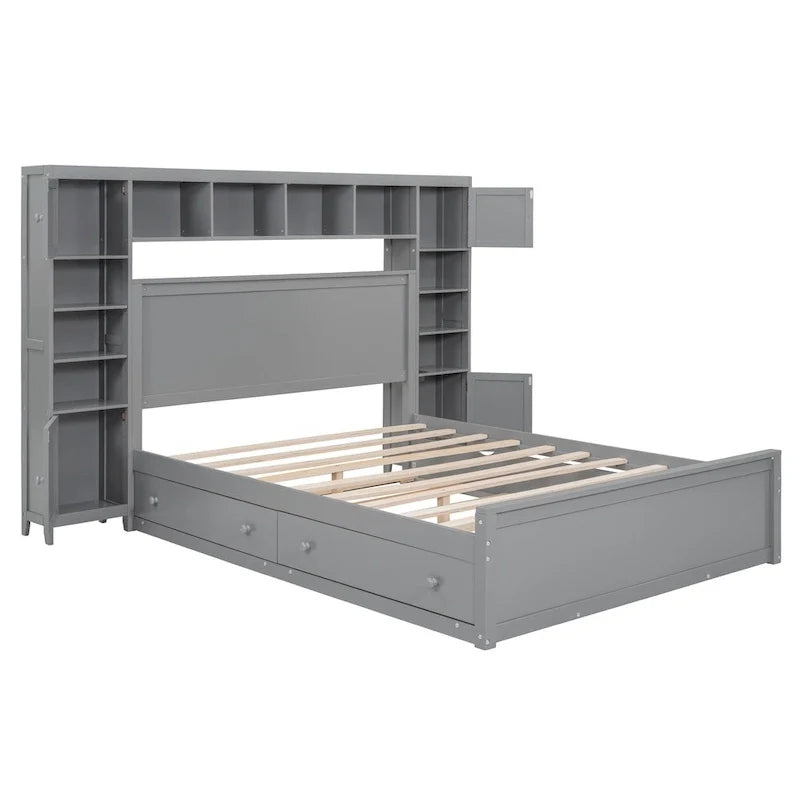 Queen Size Wooden Bed With All-in-One Cabinet