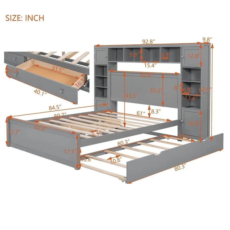 Queen Size Wooden Bed With All-in-One Cabinet