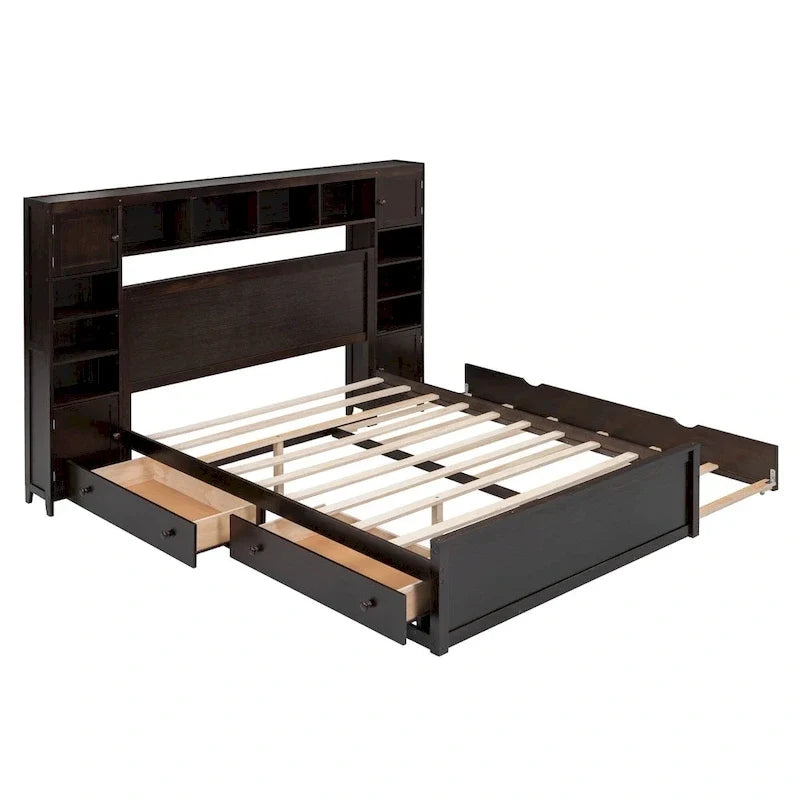 Queen Size Wooden Bed With All-in-One Cabinet