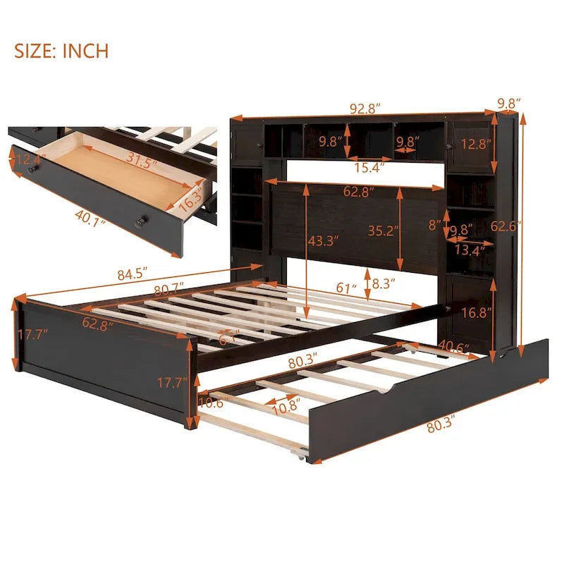 Queen Size Wooden Bed With All-in-One Cabinet