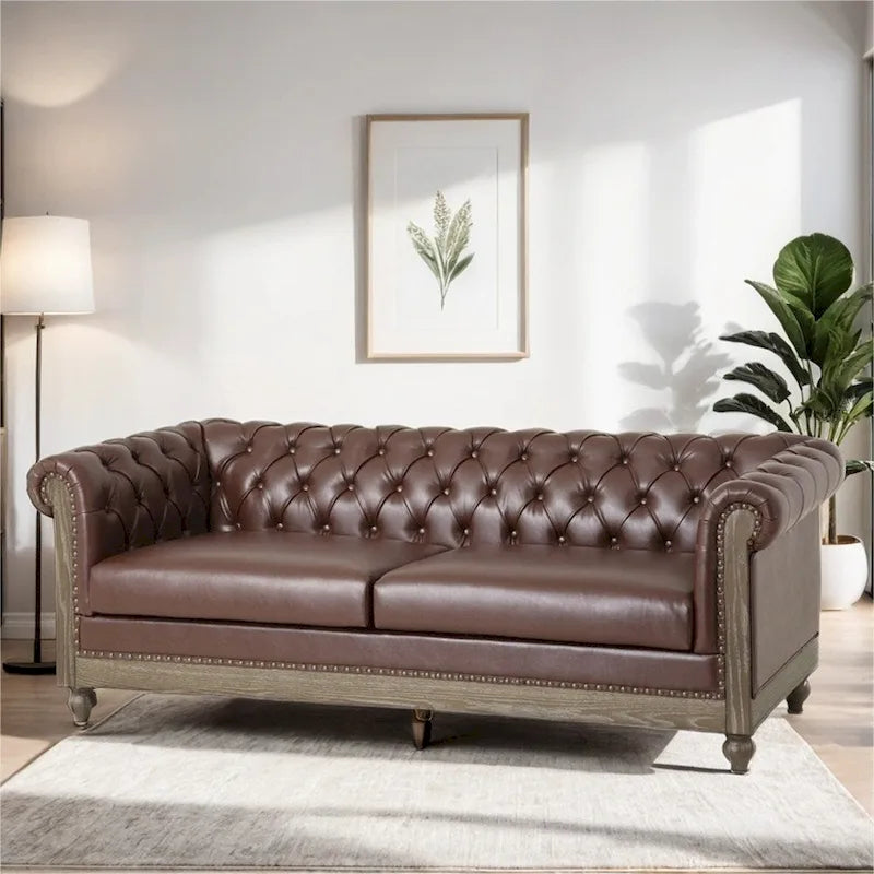 Retro sofa 3-osobowa z obiciem PU, drewnianą ramą i nogami