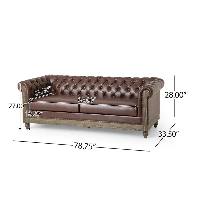 Retro sofa 3-osobowa z obiciem PU, drewnianą ramą i nogami