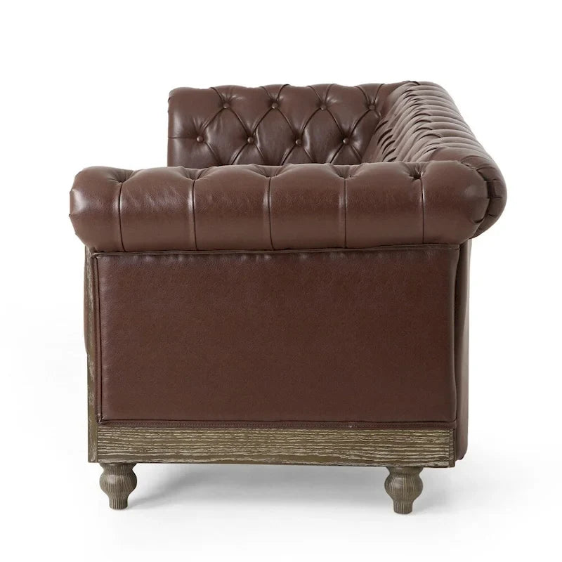 Retro sofa 3-osobowa z obiciem PU, drewnianą ramą i nogami