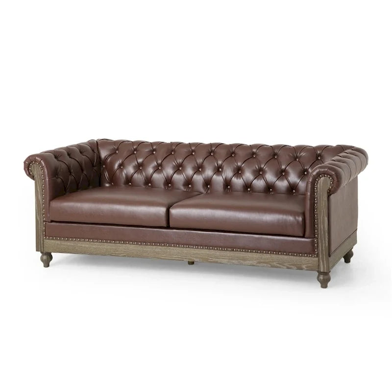 Retro sofa 3-osobowa z obiciem PU, drewnianą ramą i nogami