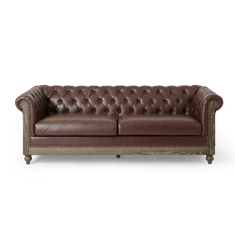 Retro sofa 3-osobowa z obiciem PU, drewnianą ramą i nogami