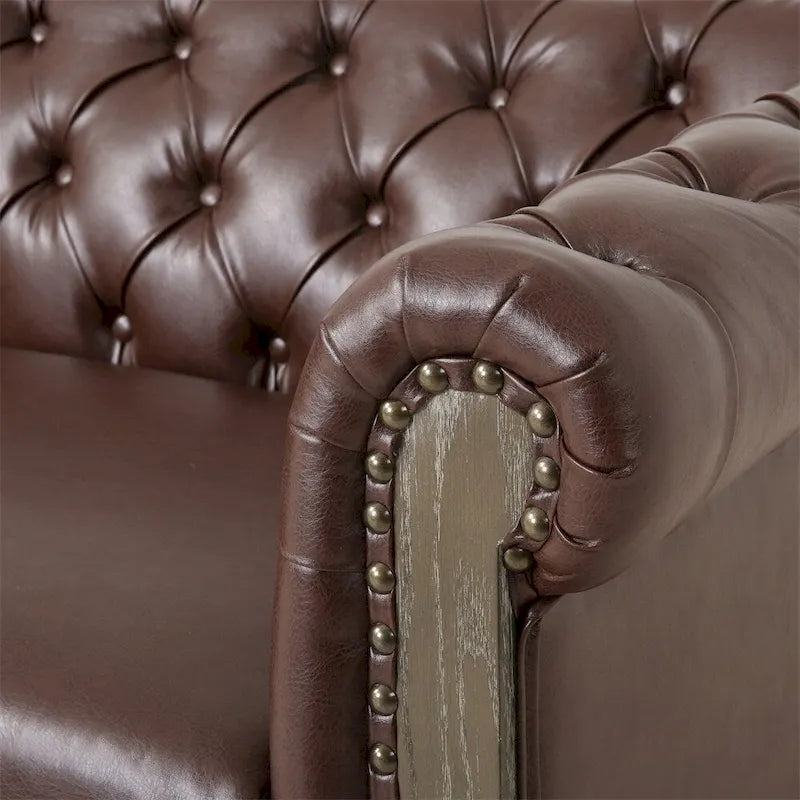 Retro sofa 3-osobowa z obiciem PU, drewnianą ramą i nogami