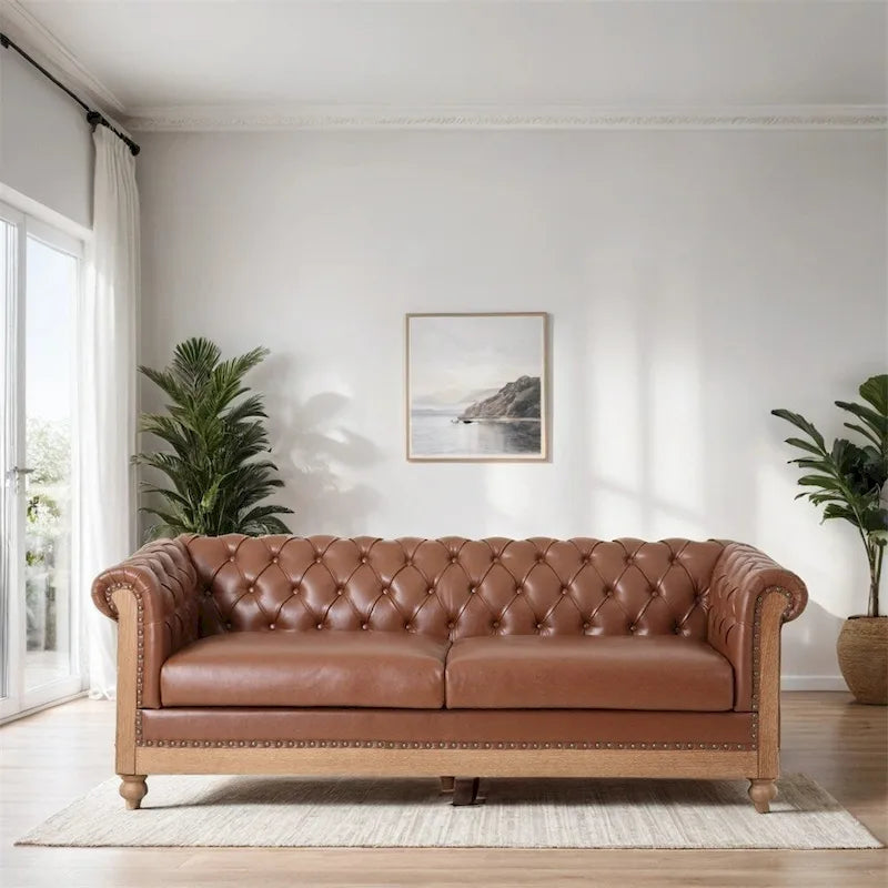Retro sofa 3-osobowa z obiciem PU, drewnianą ramą i nogami