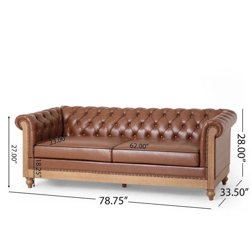 Retro sofa 3-osobowa z obiciem PU, drewnianą ramą i nogami