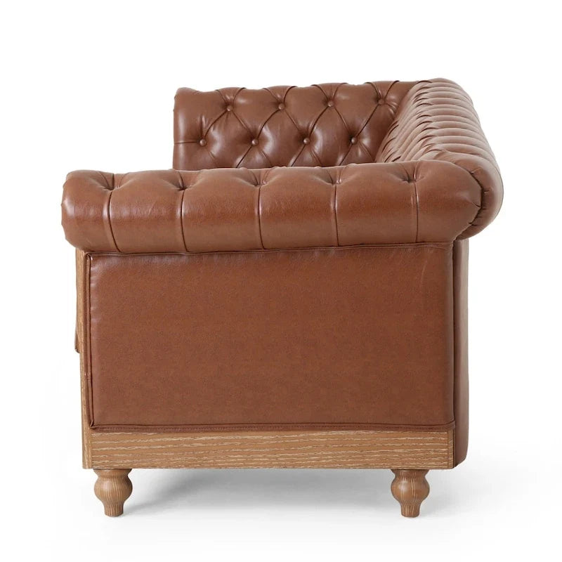 Retro sofa 3-osobowa z obiciem PU, drewnianą ramą i nogami