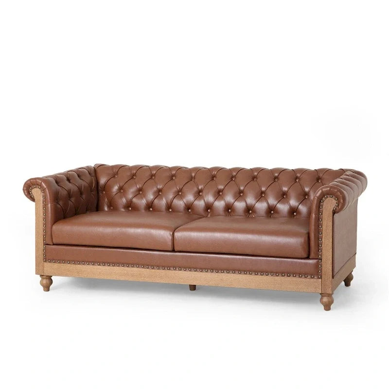Retro sofa 3-osobowa z obiciem PU, drewnianą ramą i nogami