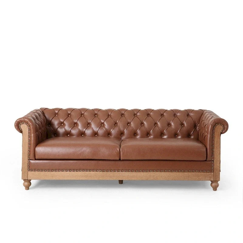Retro sofa 3-osobowa z obiciem PU, drewnianą ramą i nogami