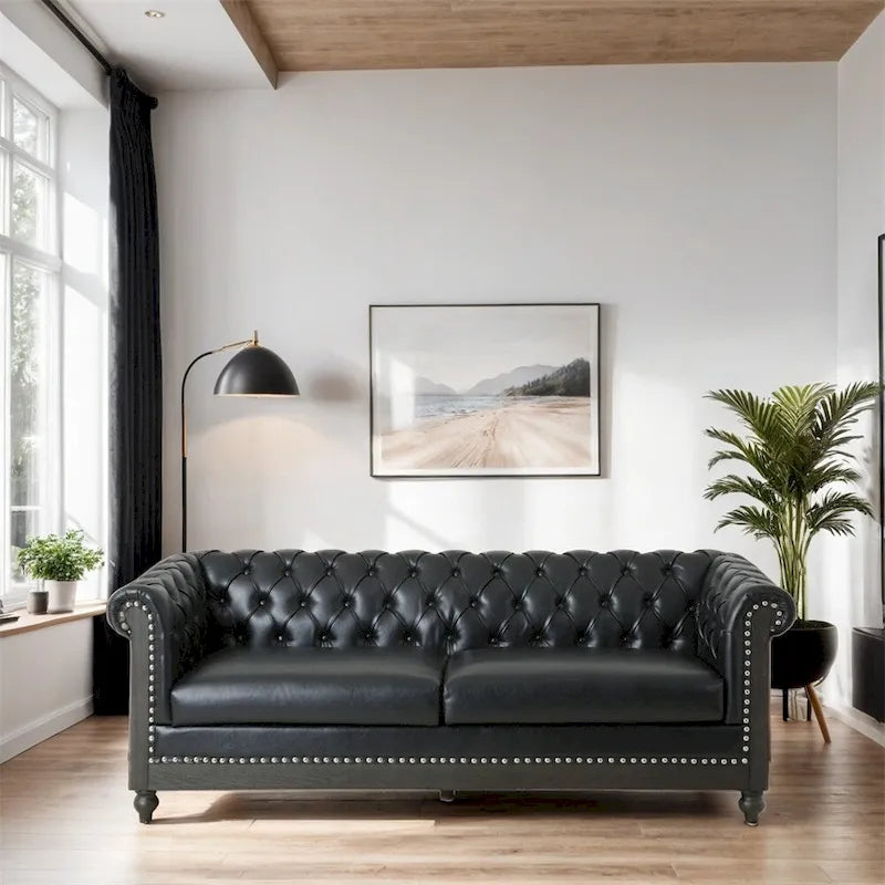 Retro sofa 3-osobowa z obiciem PU, drewnianą ramą i nogami