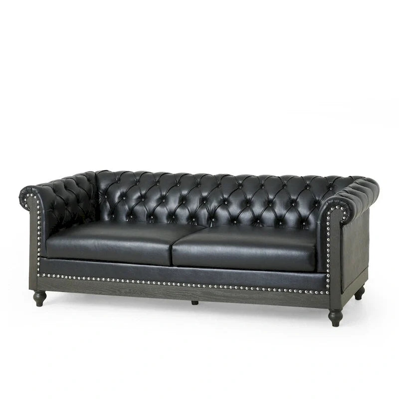 Retro sofa 3-osobowa z obiciem PU, drewnianą ramą i nogami