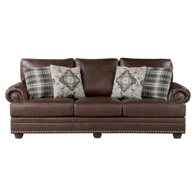 98 Inch Sofa, Rich Brown Microfiber, 4 Pillows, Soft Cushions, Wood