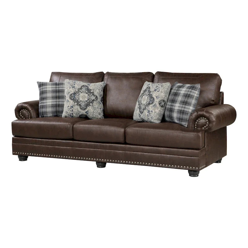 98 Inch Sofa, Rich Brown Microfiber, 4 Pillows, Soft Cushions, Wood