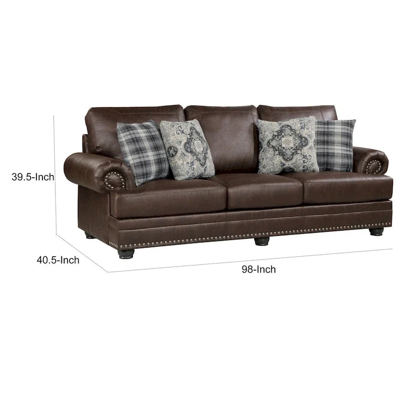 98 Inch Sofa, Rich Brown Microfiber, 4 Pillows, Soft Cushions, Wood