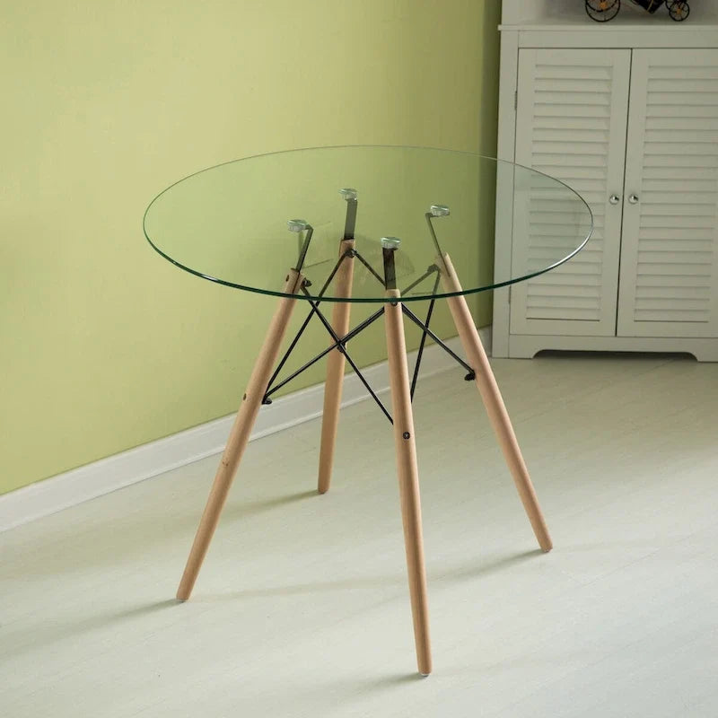Round Clear Glass Top Accent Dining Table with 4 Beech Solid Wood Legs